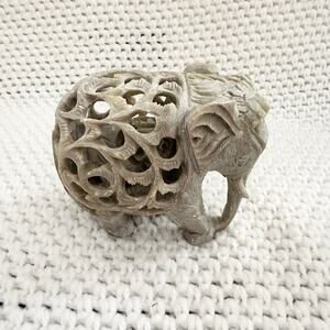 Vintage Handcarved Soapstone Mother Child Baby Elephant Mini Statue Figurine